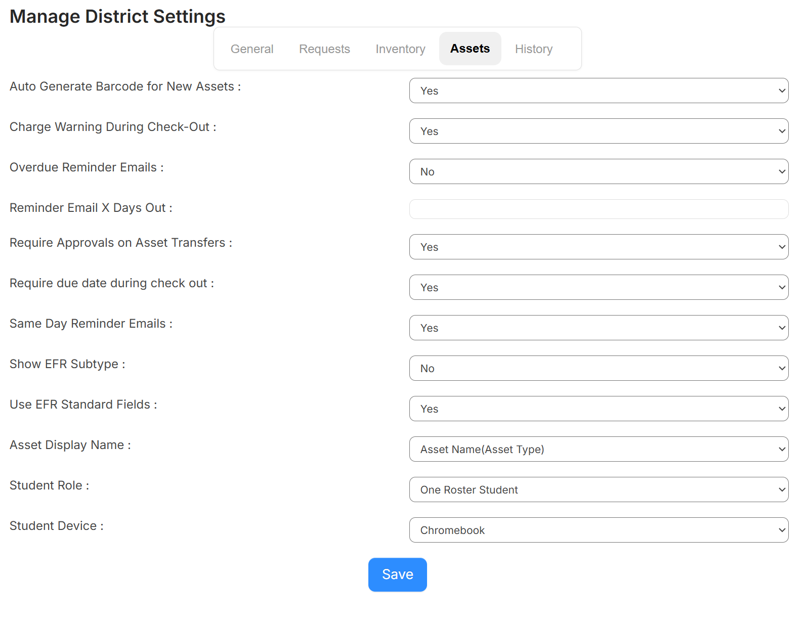 General settings - Assets tab.